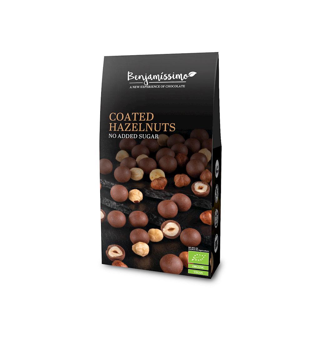 HASELNÜSSE IN PRALINENSCHOKOLADE OHNE ZUCKERZUSATZ, GLUTENFREI, BIO, 60 g – BENJAMISSIMO MHD: 11-2026