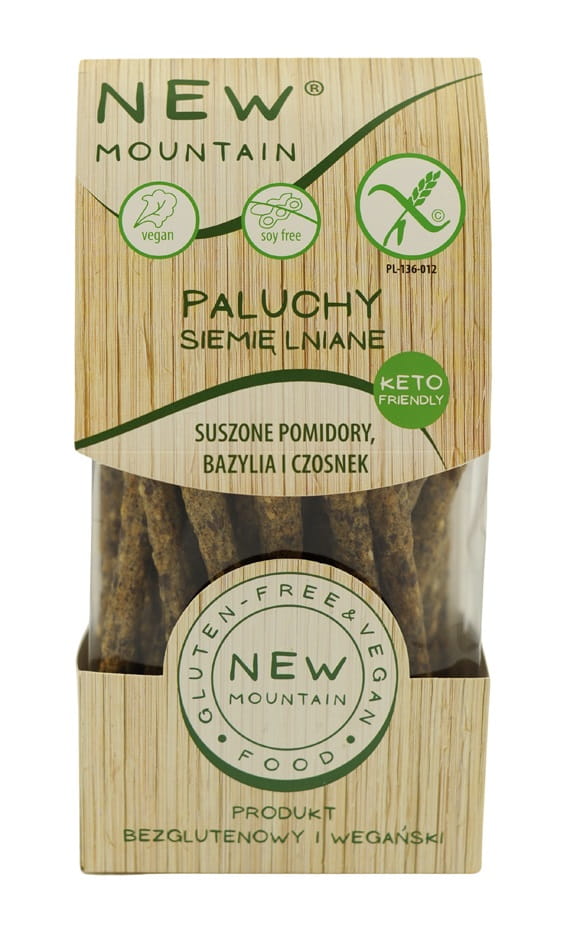 GLUTENFREIE BRÖTCHEN MIT LEINSAMEN, TOMATEN, KNOBLAUCH UND BASILIKUM 200 g – NEW MOUNTAIN MHD: 09-2026