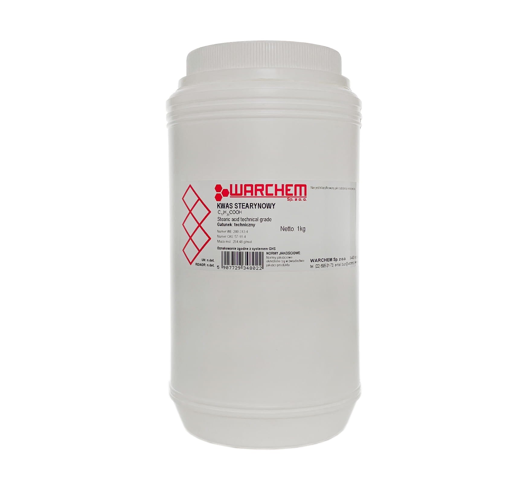 Technische Stearinsäure in 1kg Verpackung von WARCHEM, weiße kristalline Substanz für chemische Anwendungen.