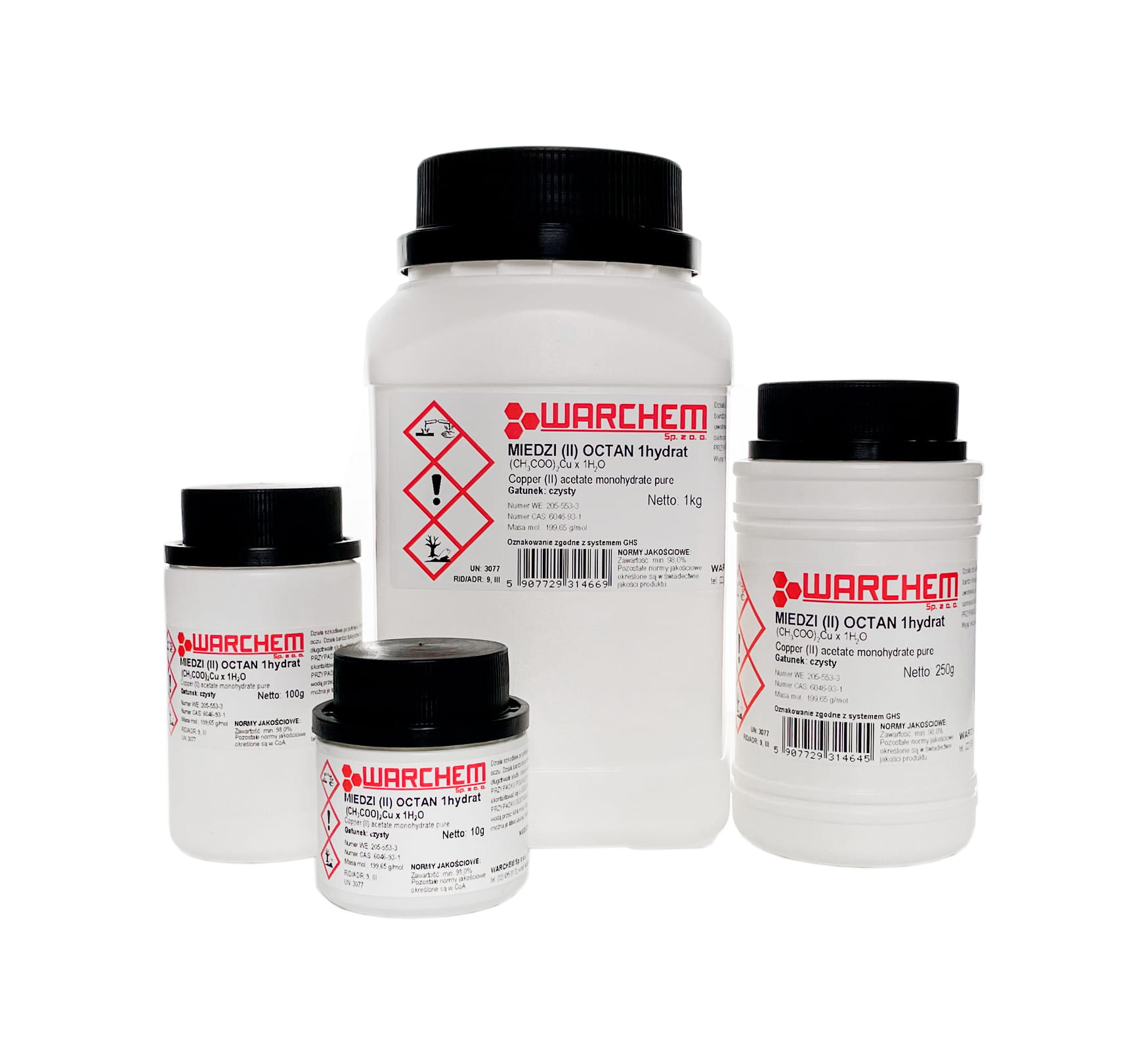 Rein kupfer(II)acetat 1-Hydrat, 10g, WARCHEM, chemische Substanz in transparentem Glasbehälter, chemische Verbindung.