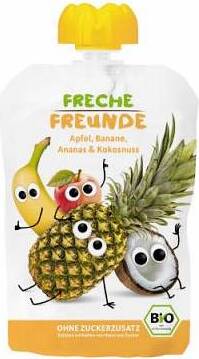 Kinderschnitzmus mit Bananen-, Ananas- und Kokosgeschmack, 100 g, Bio, Erdbar MHD: 11-2026