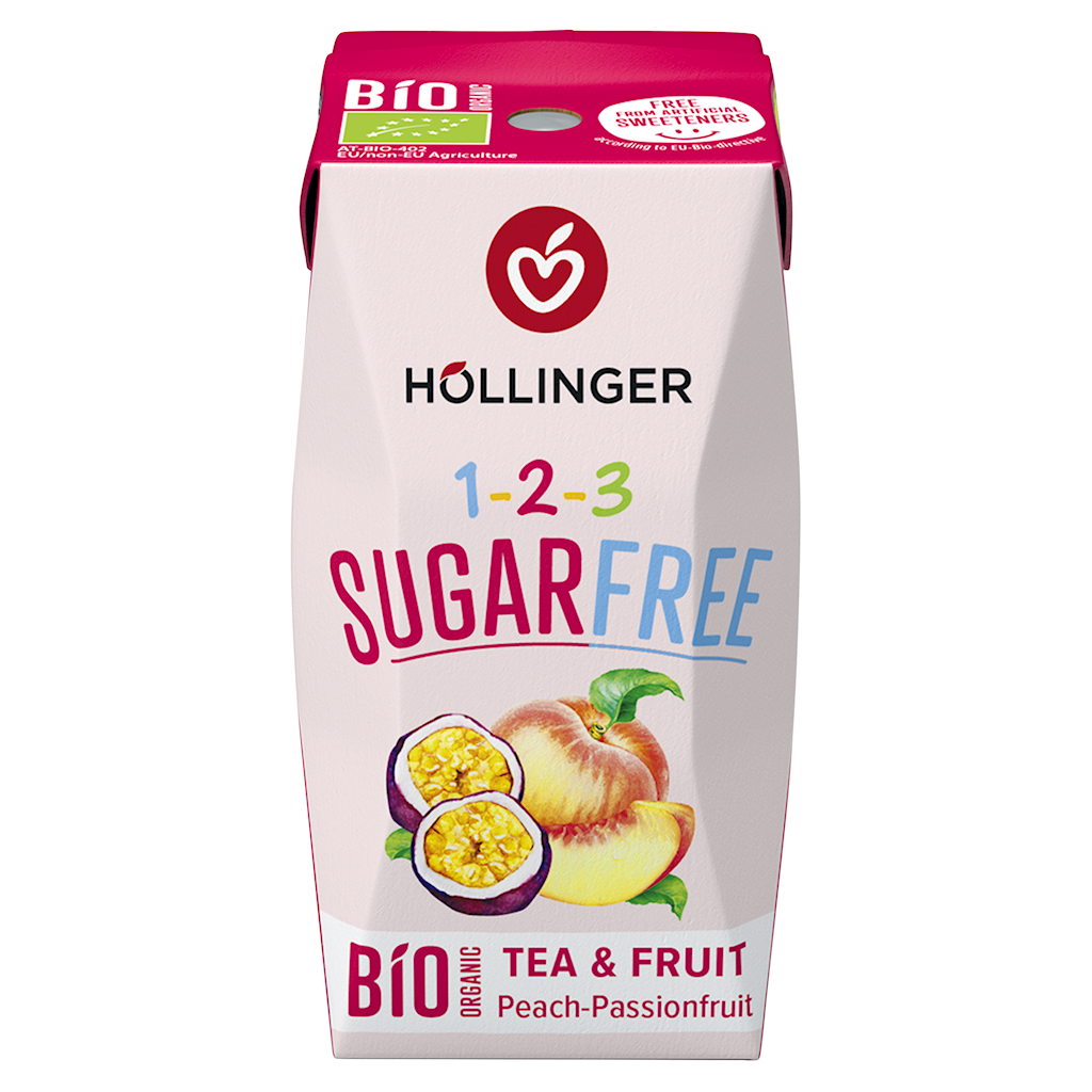 GETRÄNK MIT PFIRSICH-MARACUJA-GESCHMACK, ZUCKERFREI, BIO, 200 ml – HOLLINGER MHD: 10-2026