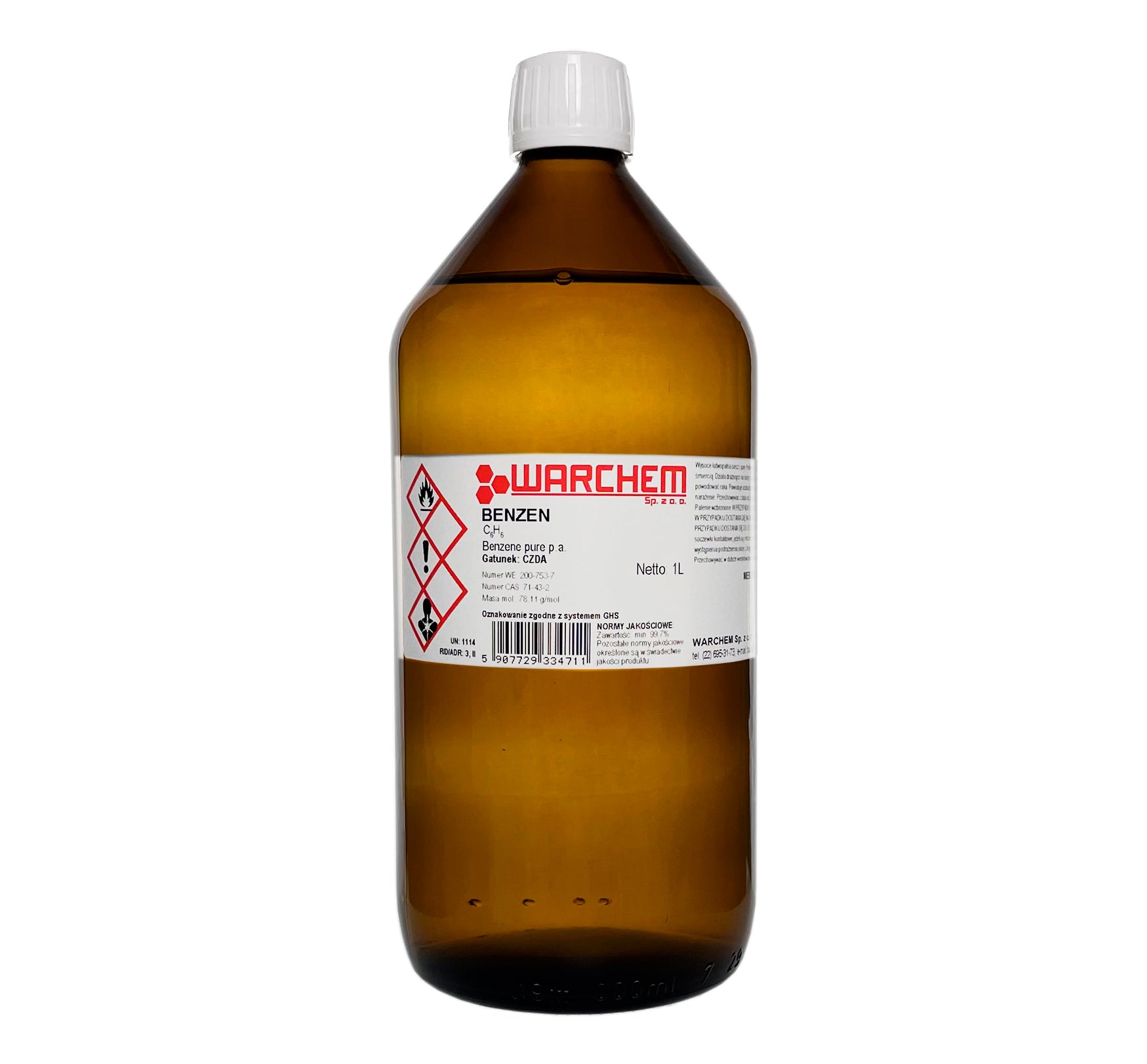 Benzol 1L WARCHEM, ADR Produkt, klare flüssige Chemikalie in Kunststoffflasche, geeignet für industrielle Anwendungen