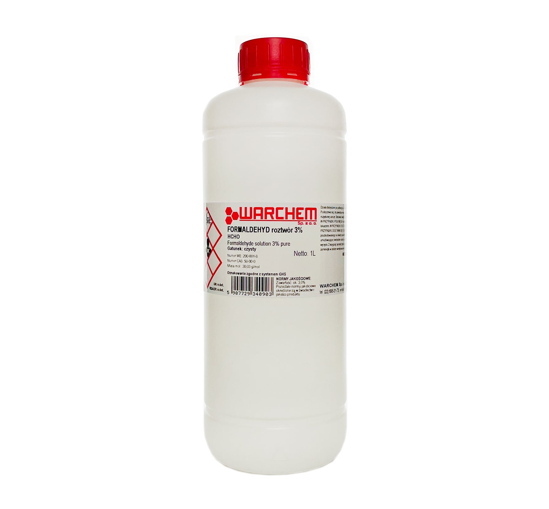 Reines Formaldehyd 3% in 1L Flasche von WARCHEM, klare Flüssigkeit in transparentem Behälter.