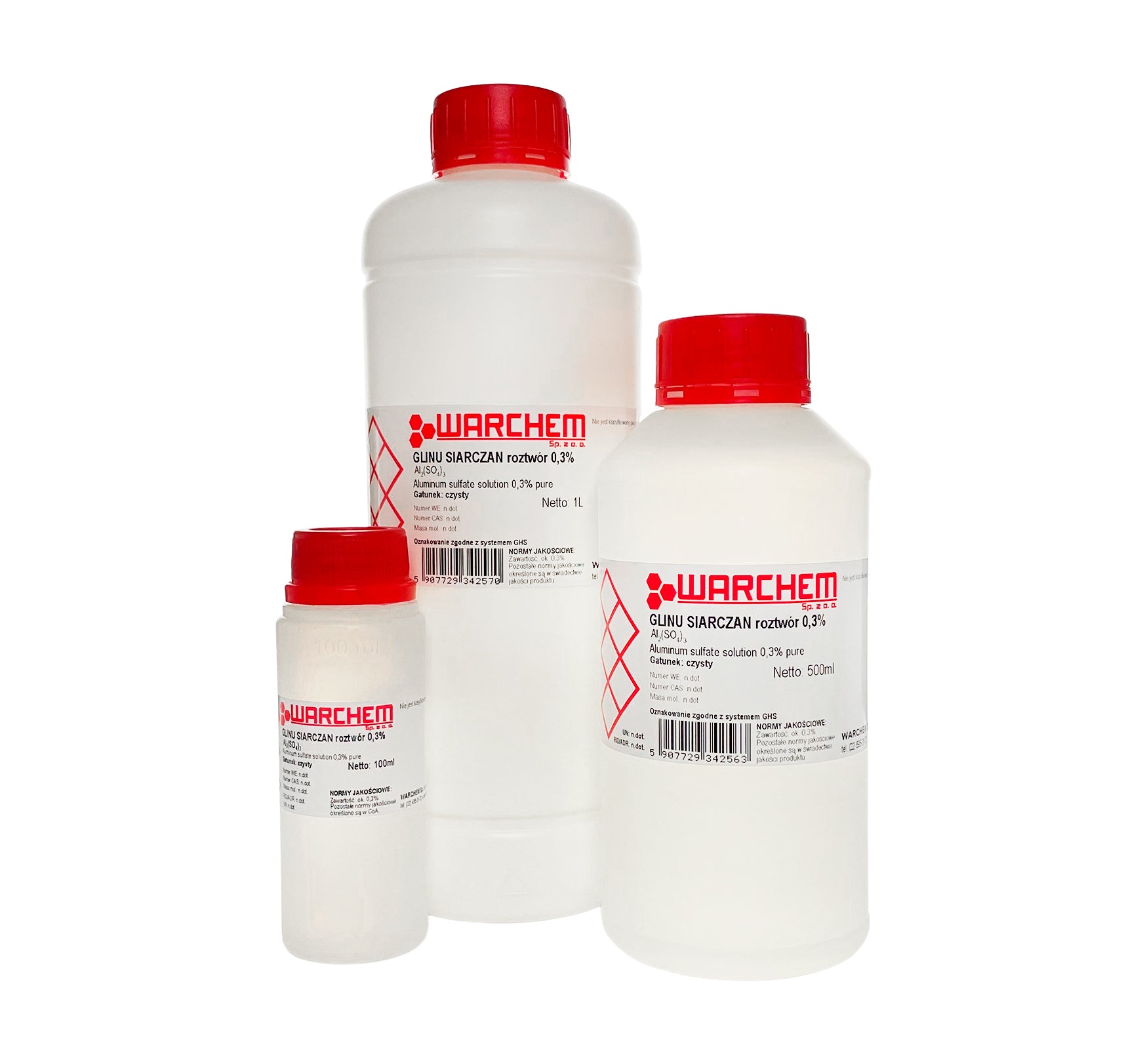 Aluminium­sulfat-Lösung 0,3% in 100 ml Flasche von WARCHEM, klare flüssige Lösung in Flasche sichtbar