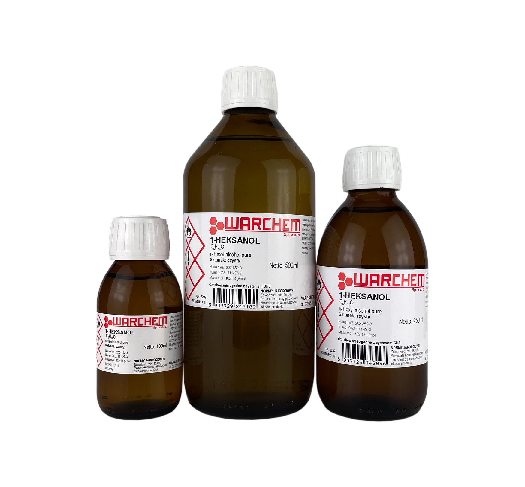Reines Hexanol 100 ml von WARCHEM, klare Flüssigkeit in transparenter Flasche mit weißem Etikett.