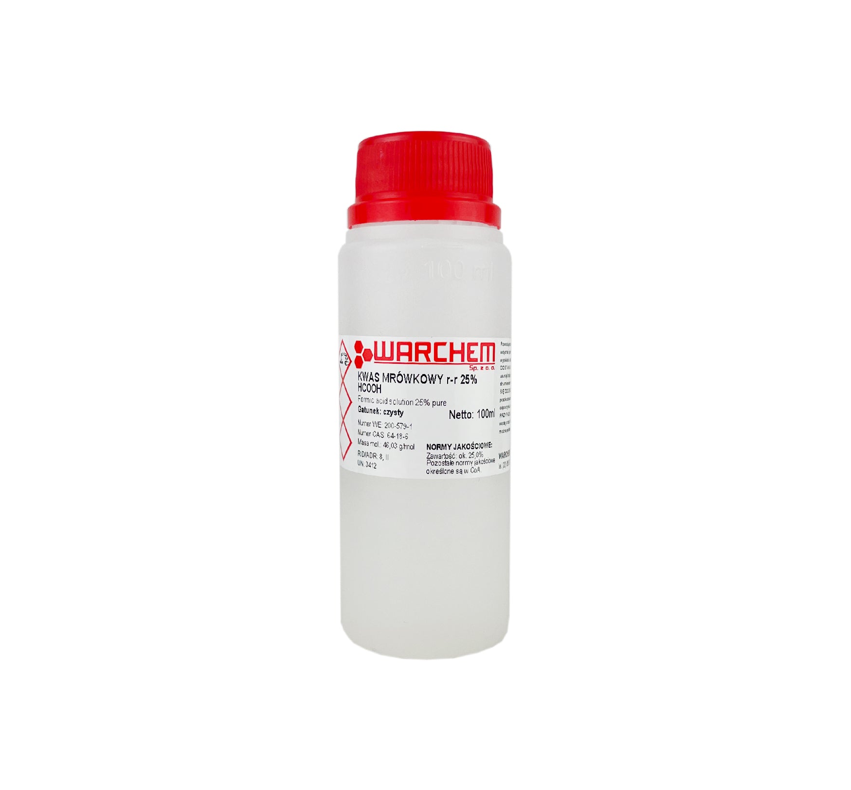 Reine Ameisensäure 25 % in 100 ml Flasche, chemischer Reiniger von WARCHEM, klare Flüssigkeit in transparenter Flasche