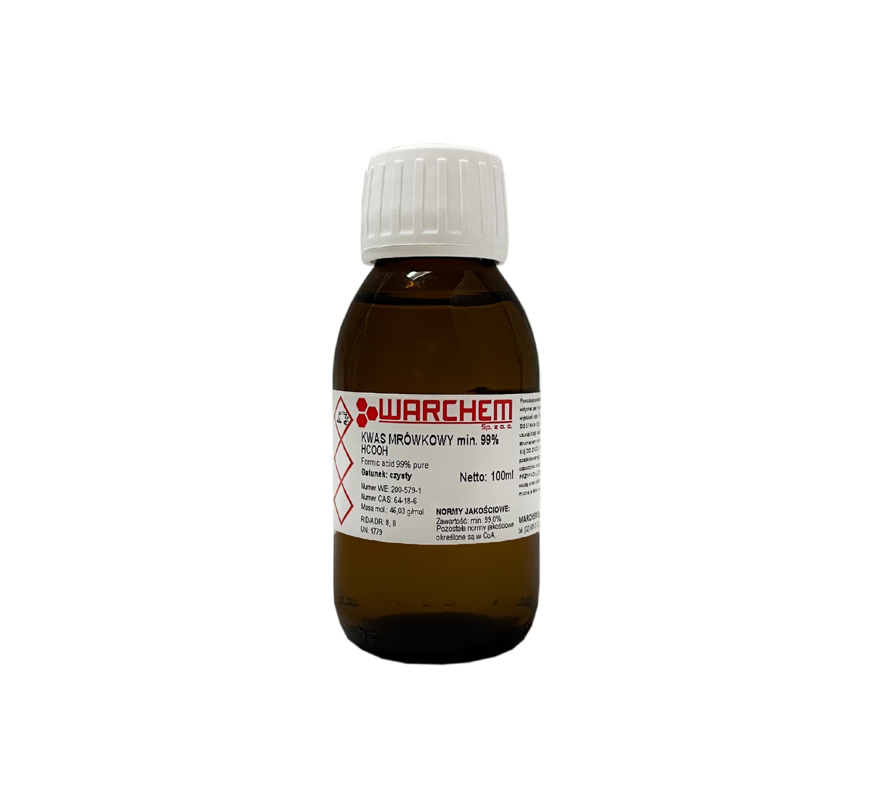 Reine Ameisensäure 99% in 100ml Flasche, WARCHEM, klare Flüssigkeit in chemischer Verpackung