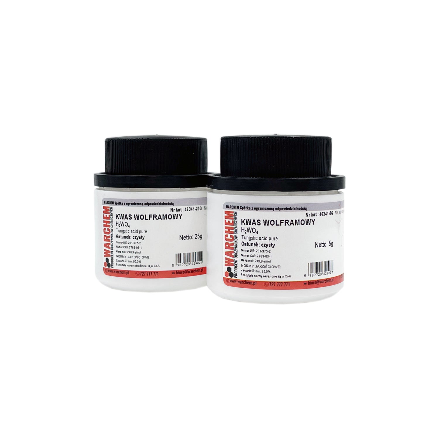 Reine Wolframsäure in 5g Packung von WARCHEM, chemische Substanz, zeigt die weiße Kristallfarbe und die Verpackung.