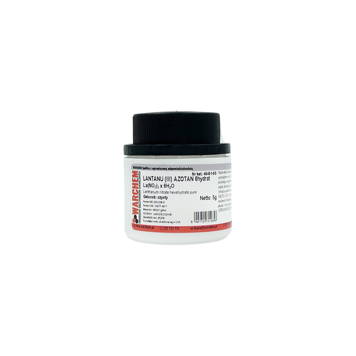 Reines Lanthan(III)-Nitrat Hydrat 5g von WARCHEM, chemische Substanz in einer transparenten Verpackung.