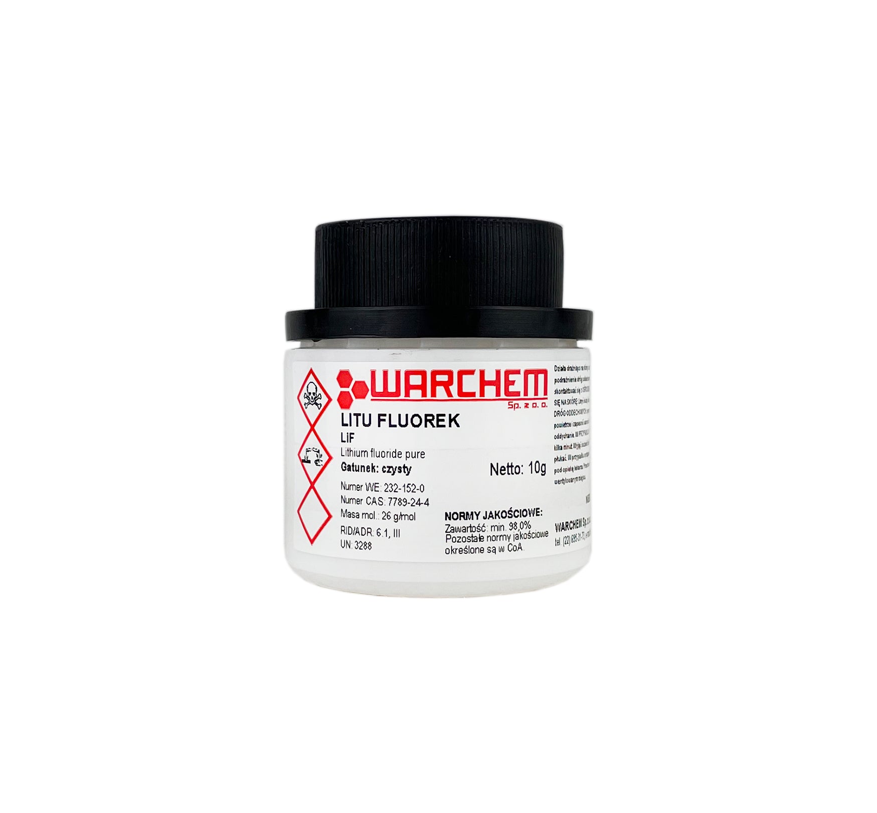 Reines Lithiumfluorid in 10g Verpackung von WARCHEM, chemische Substanz für Laboranwendungen, klarer Kristall.