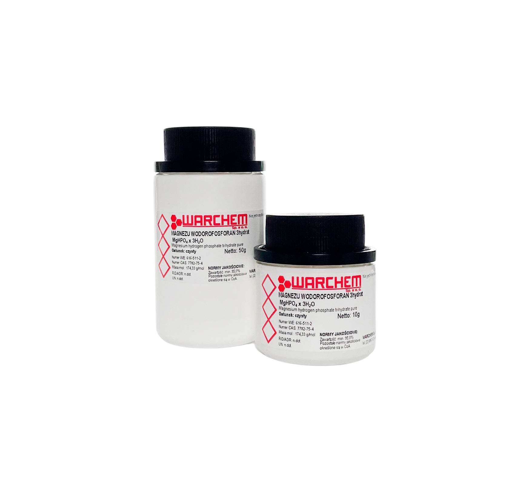 Reines Magnesiumhydrophosphat 3-Hydrat von WARCHEM, 10g, sichtbar in der Verpackung.