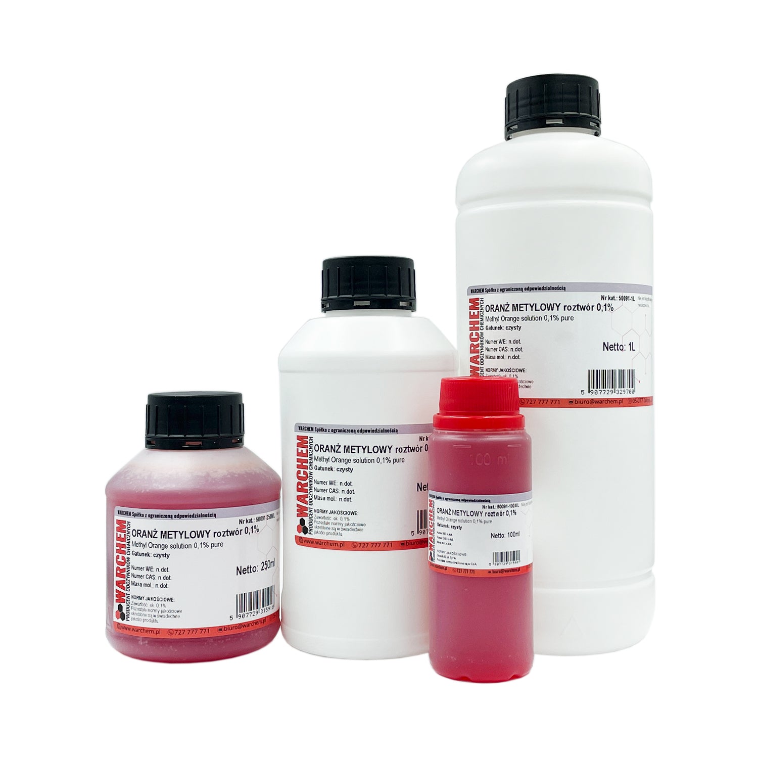 METHYLORANGE-Lösung 0,1 % in 100 ml Flasche, WARCHEM, klare orangefarbene Lösung in Flasche bei chemischer Darstellung