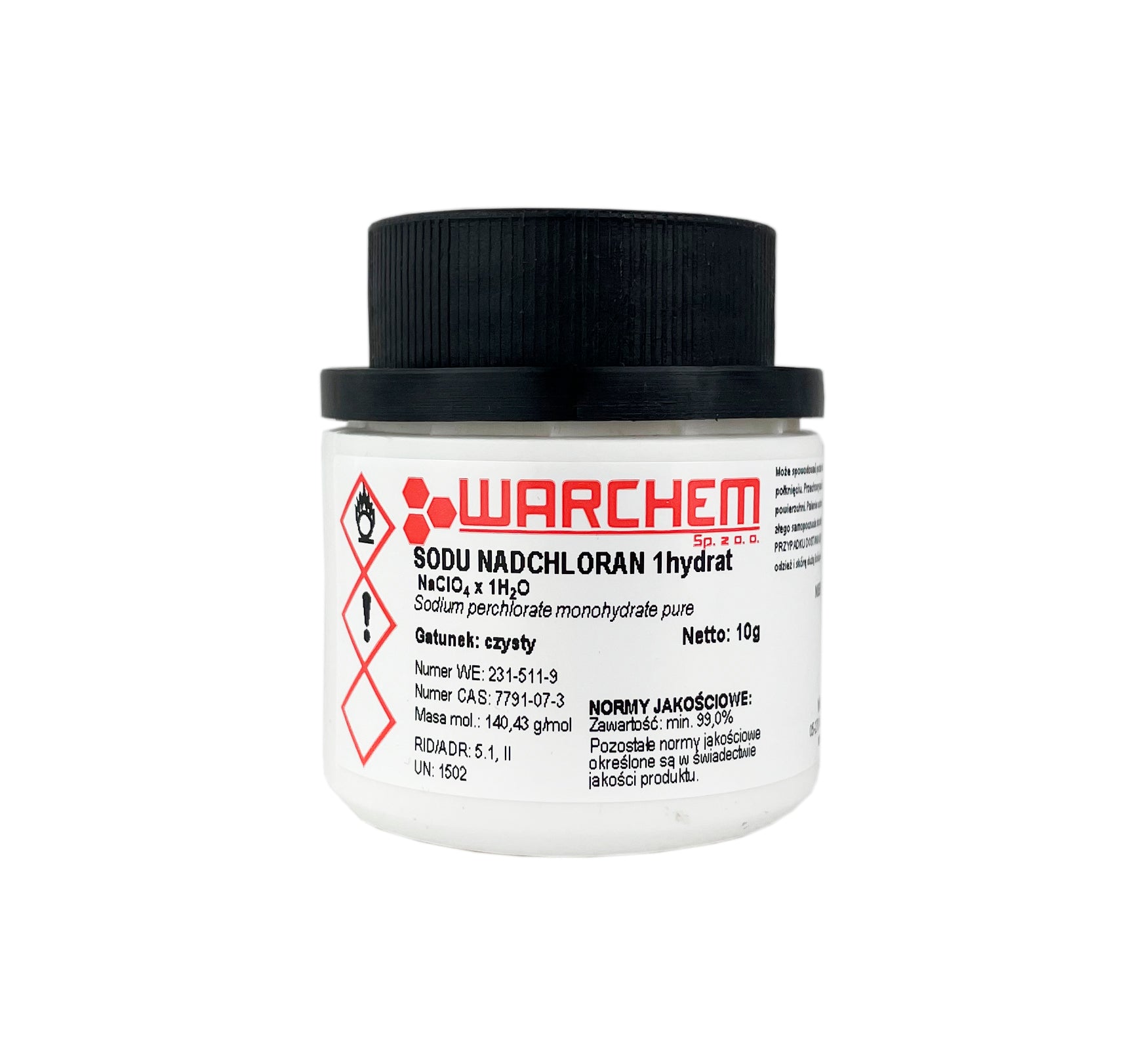 Reines Natriumperchlorat 1-Hydrat, 10 g, WARCHEM, chemisches Reagenz mit weißen Kristallen in Verpackung