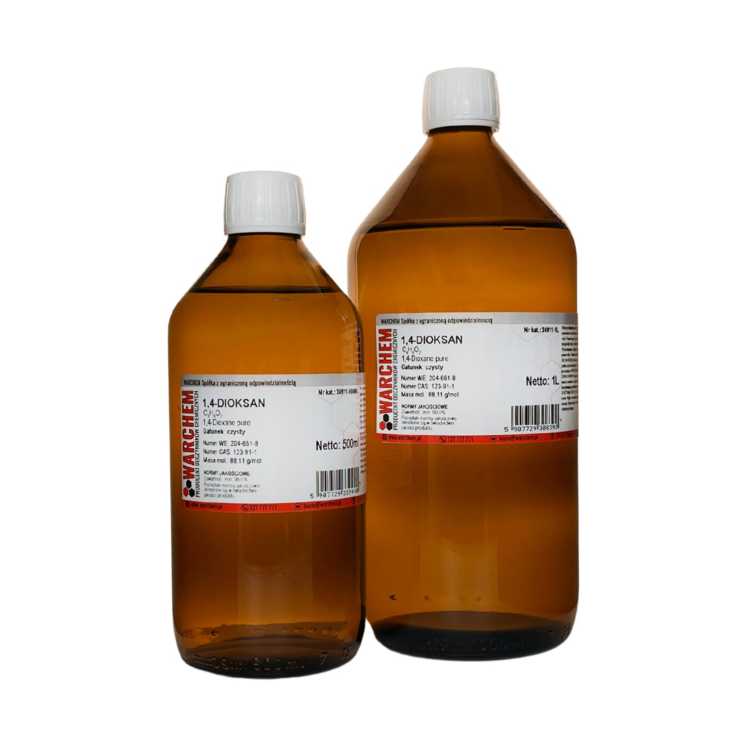 Rein 1,4-Dioxan von WARCHEM, 100 ml Flasche, ADR Produkt, klare Flüssigkeit in Glasflasche auf weißem Hintergrund
