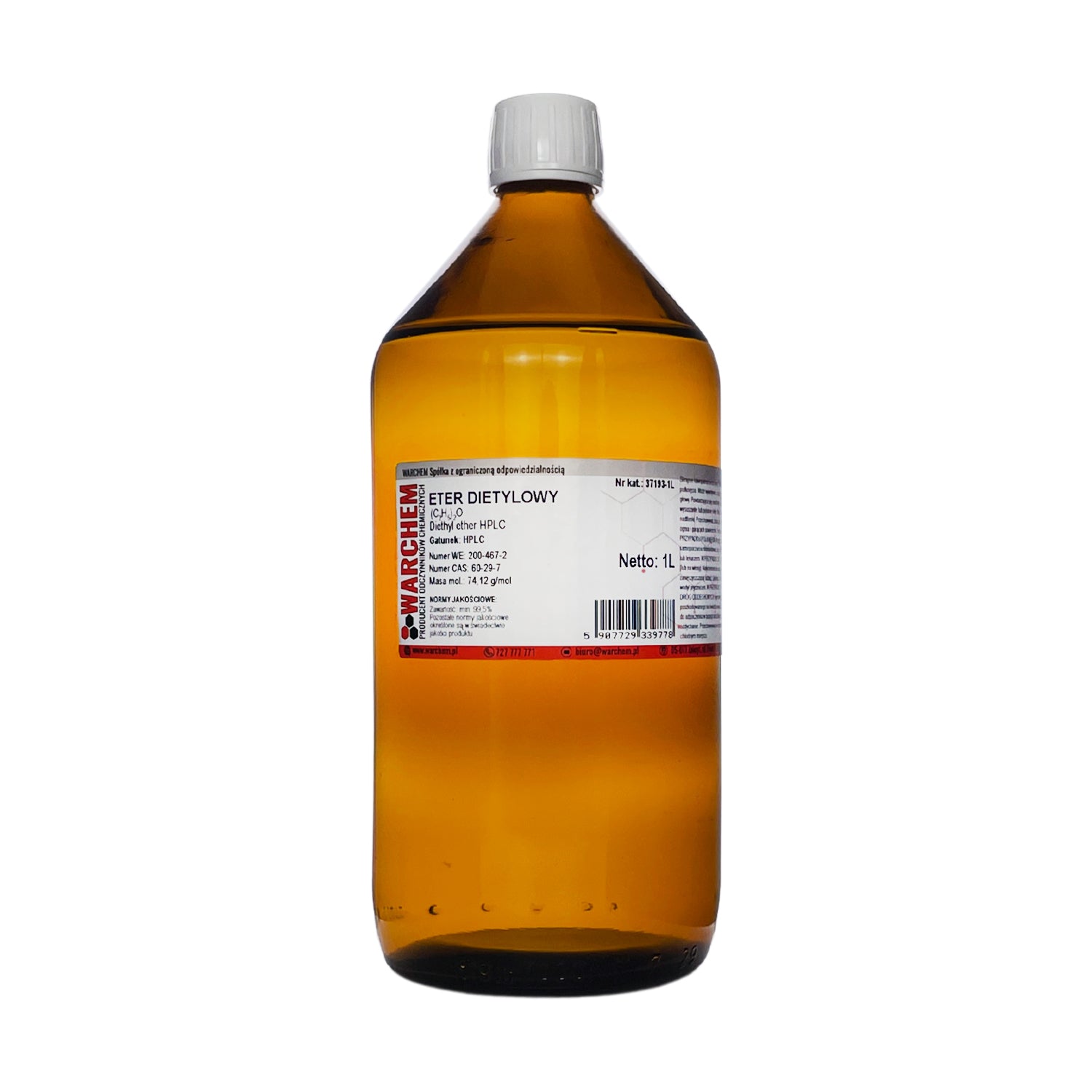 Diethylether für HPLC, 1 Liter Flasche von WarChem, klare Flüssigkeit in einem Laborbehälter.
