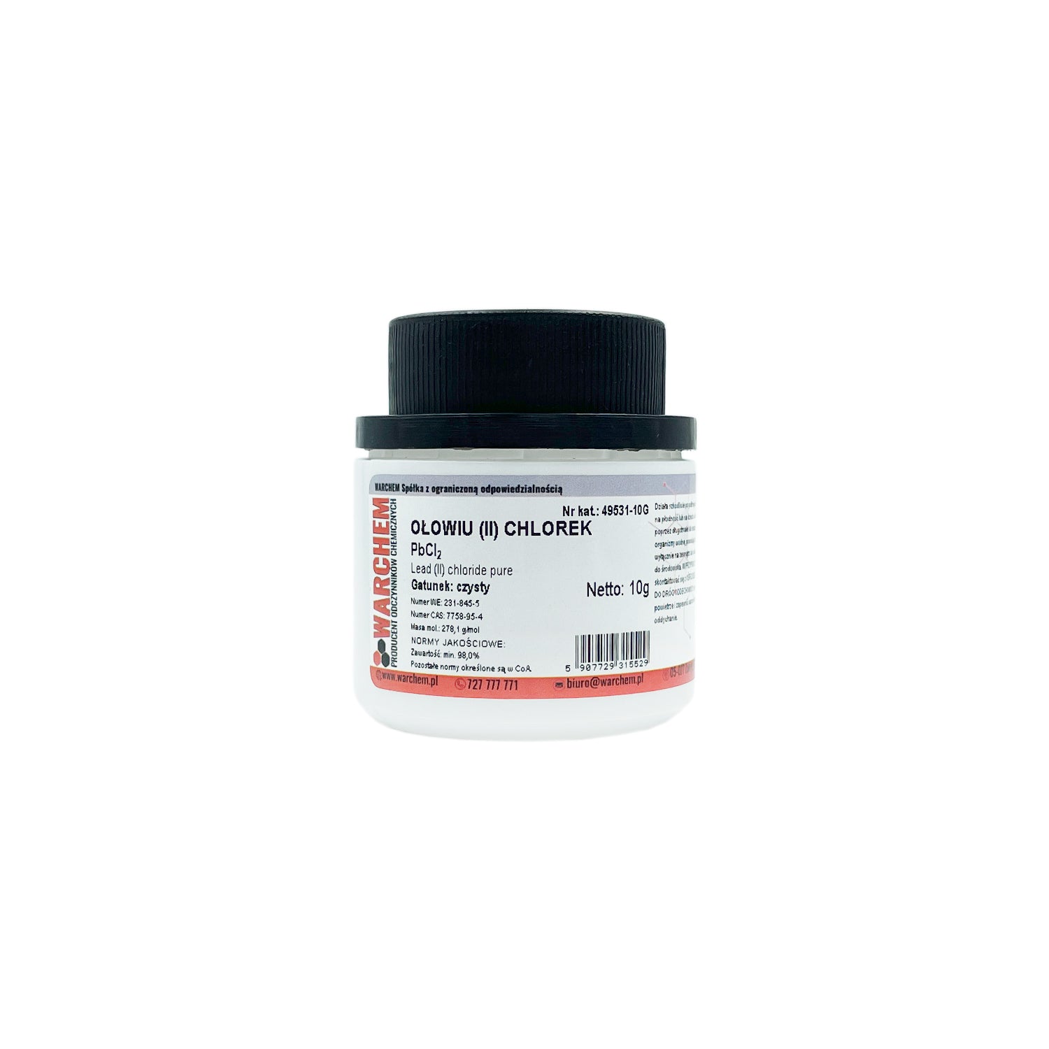 Reines Blei(II)-Chlorid in 10 g Verpackung, chemische Substanz von WARCHEM auf weißem Hintergrund.