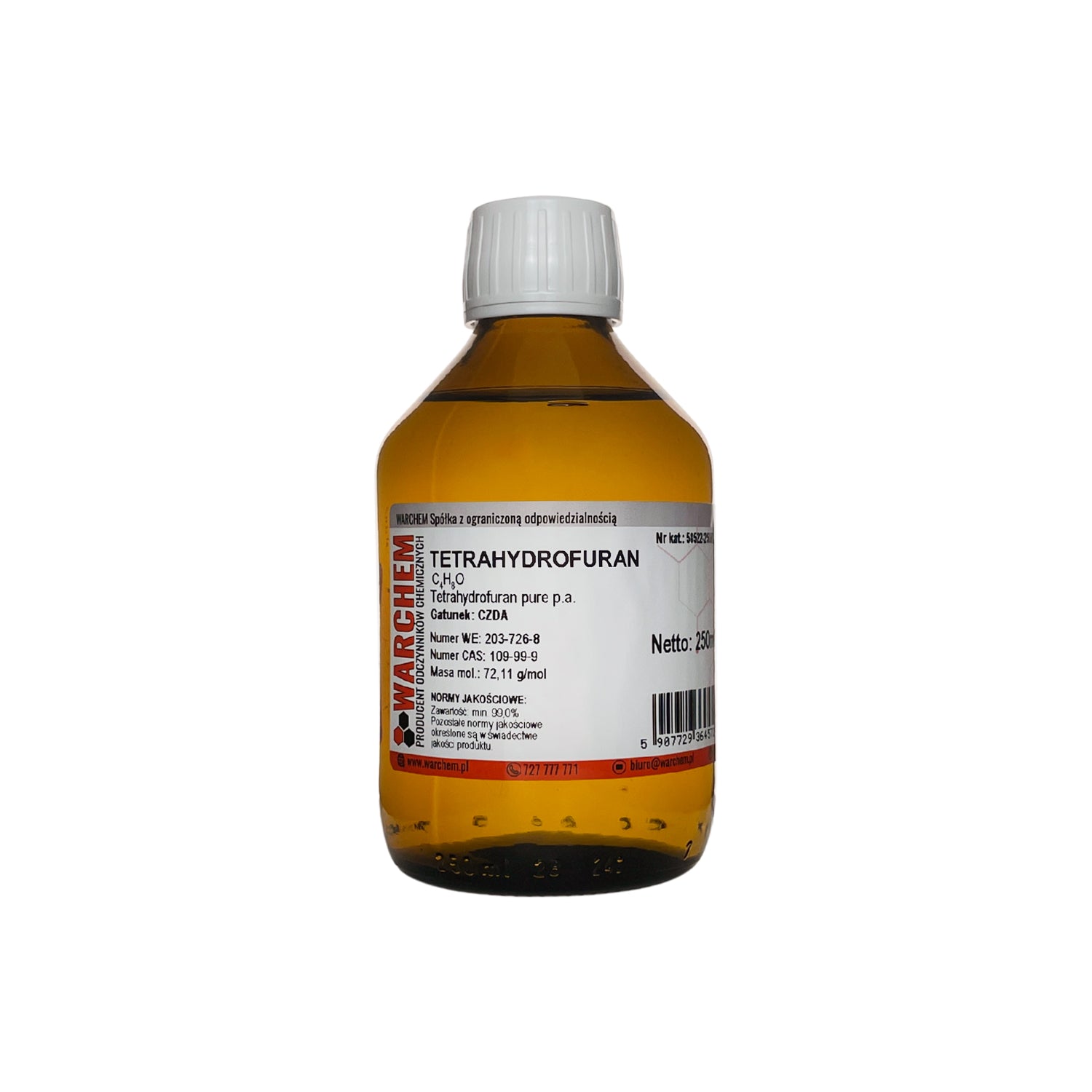Reiniger Tetrahydrofuran von Warchem, 250 ml Flasche, klare Flüssigkeit in transparentem Behälter sichtbar