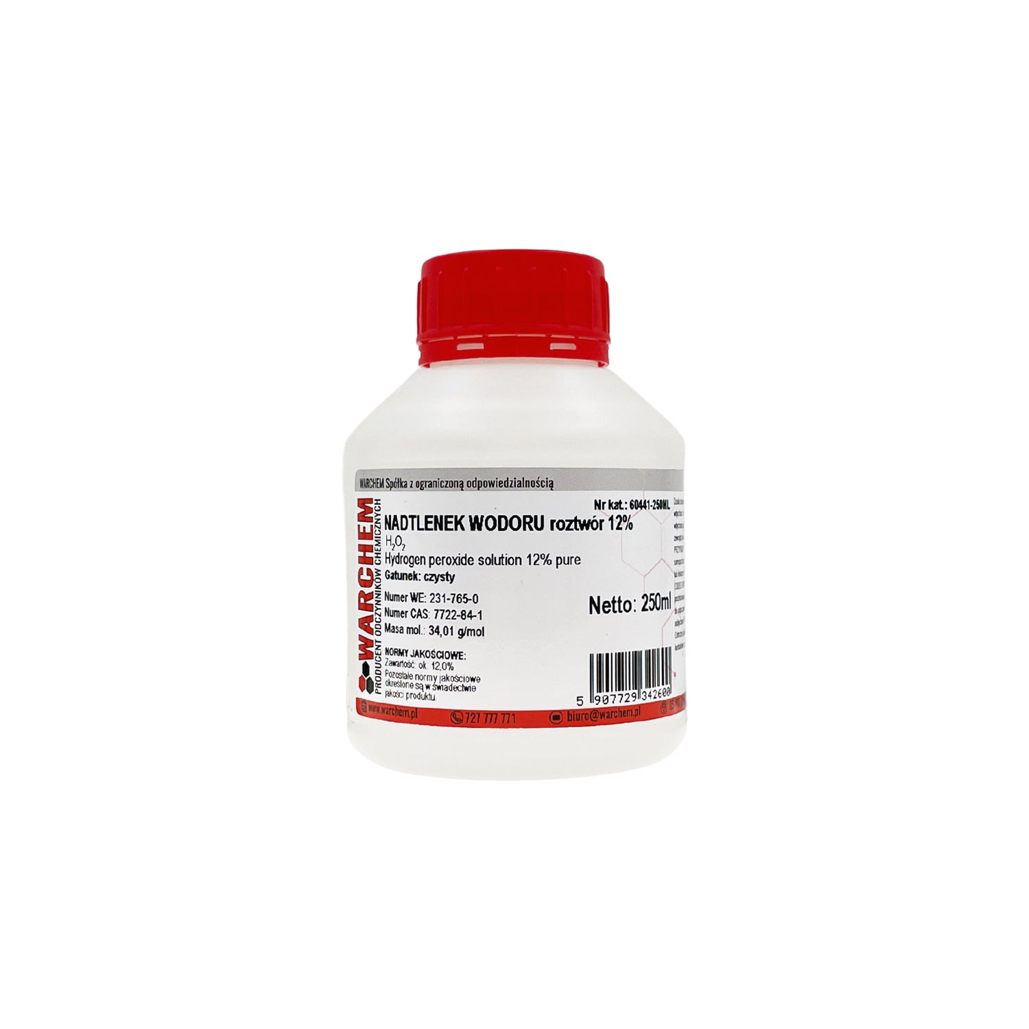 Hochkonzentrierte Wasserstoffperoxid-Lösung 12% von WARCHEM in 250 ml Flasche, klare Flüssigkeit.