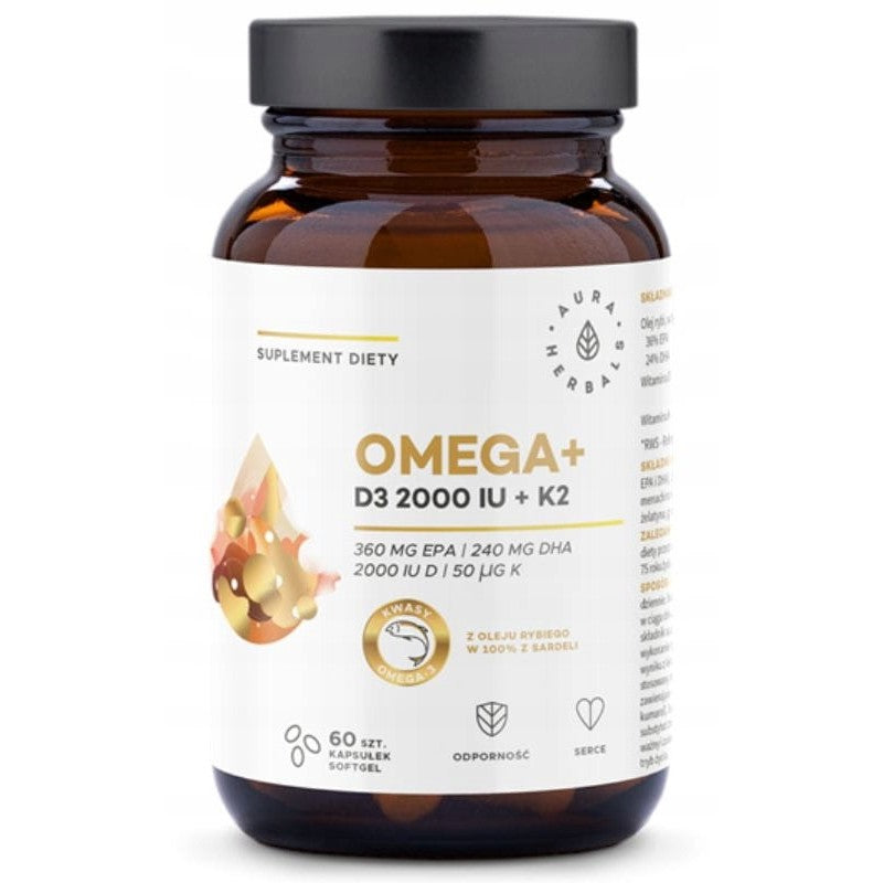 Omega + Vitamin D3 2000 IE + K2 60 AURA HERBALS Softgel-Kapseln - Biolaboratorium