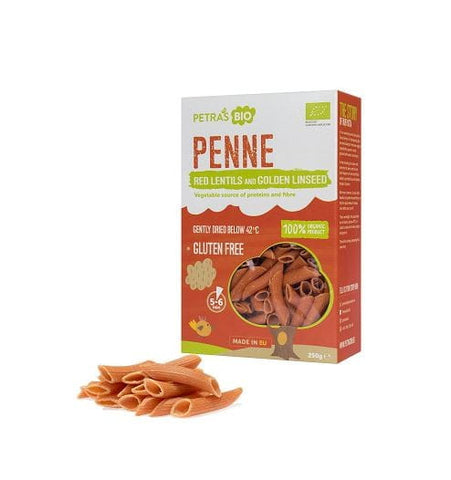 Penne-Nudeln mit roten Linsen mit goldenem Lein glutenfrei roh BIO 250 g PETRAS BIO