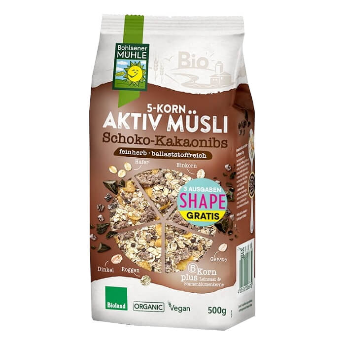Müsli 5 Cerealien mit Schokostückchen und gerösteten Kakaobohnen BIO 500 g - BOHLSENER MÜHLE