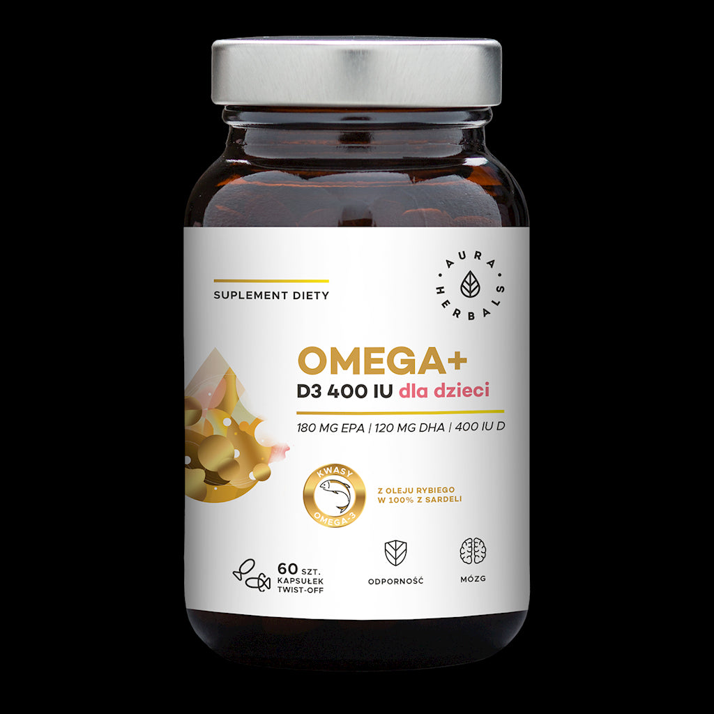 Omega und für Neugeborene, Säuglinge und Kinder Drehkapseln OMEGA 3 180 EPA 120 DHA und Vitamin D3 400 i in 60 Kapseln AURA HERBALS