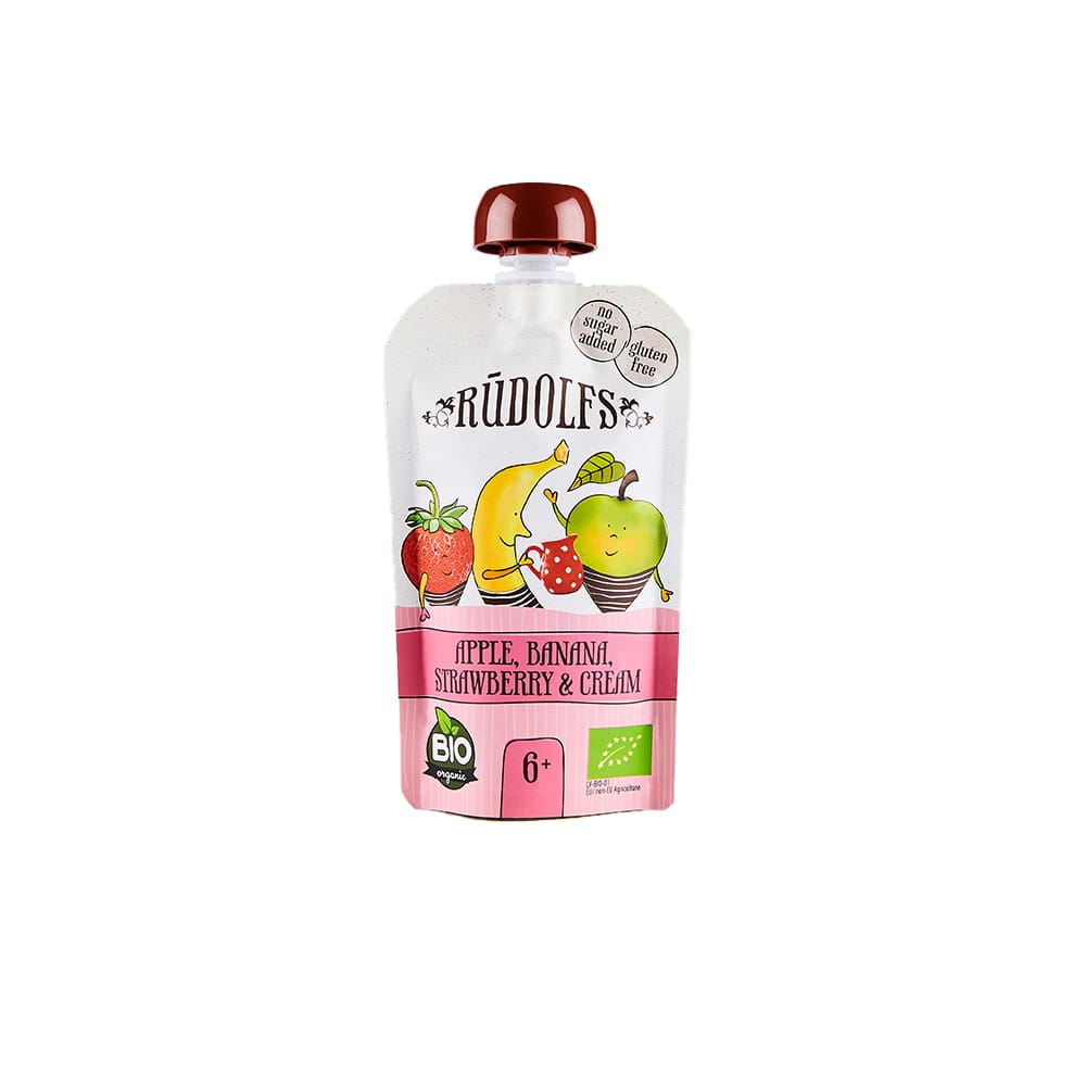 Fruchtmousse: Apfel, Banane, Erdbeere und Sahne BIO 110 g