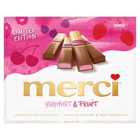 MERCI JOGHURT & FRUCHTSCHOKOLADEN 4 SORTEN GEFÜLLTE SCHOKOLADENRIEGEL MIT JOGHURT- UND FRUCHTFÜLLUNG 250 G