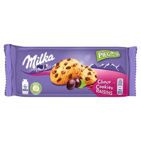 MILKA PIEGUSKI CHOCO COOKIE RAISINS COOKIES MIT MILCHSCHOKOLADENSTÜCKEN UND ROSINEN 135 G 6 STÜCK